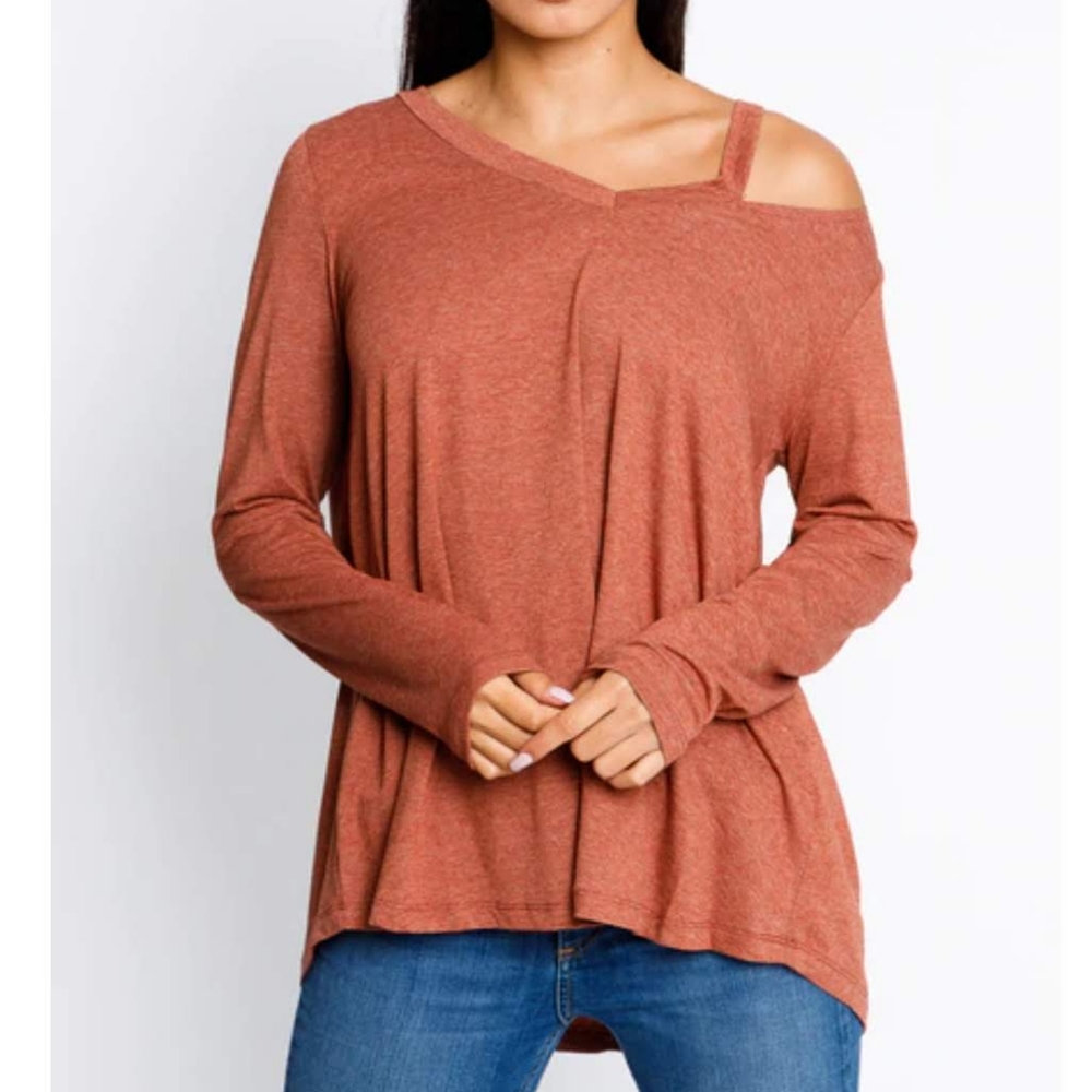 Rust Shoulder Cut Out Long Sleeve Top, Size S